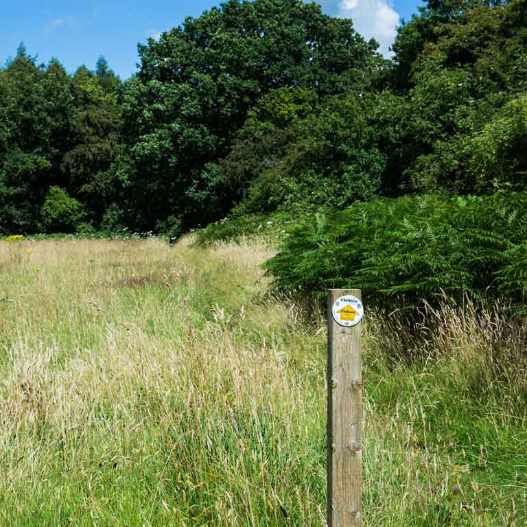 overlooking a meadow with trees in the background and a footpath sign in the foreground