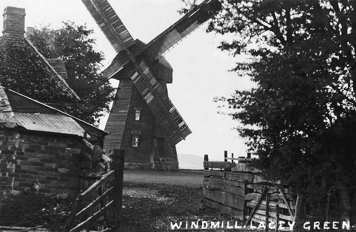 An old black and white photo of Lacey Green windmill