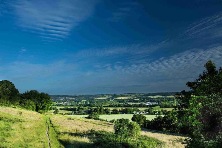 A sunlit view across a Chiltern valley